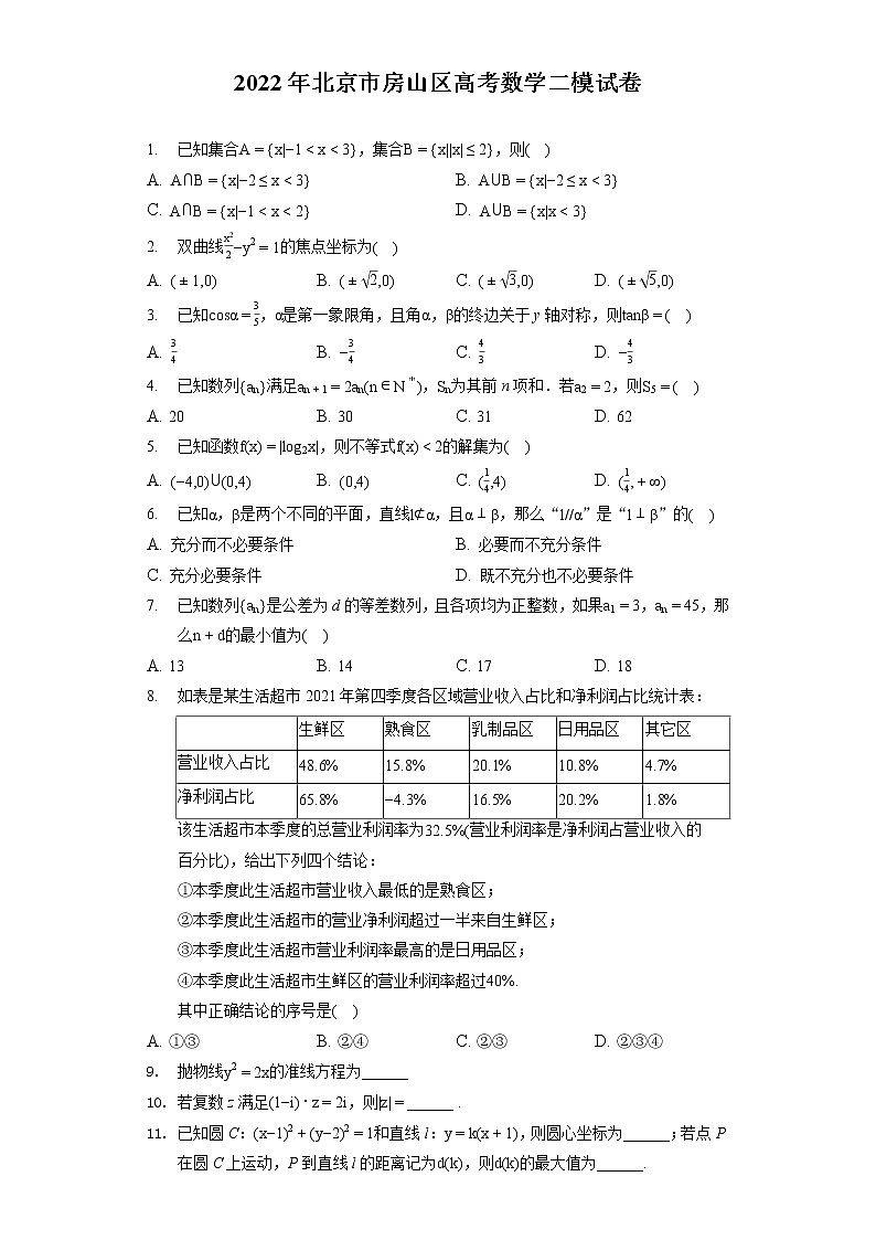 2022年北京市房山区高考数学二模试卷（含答案解析）01