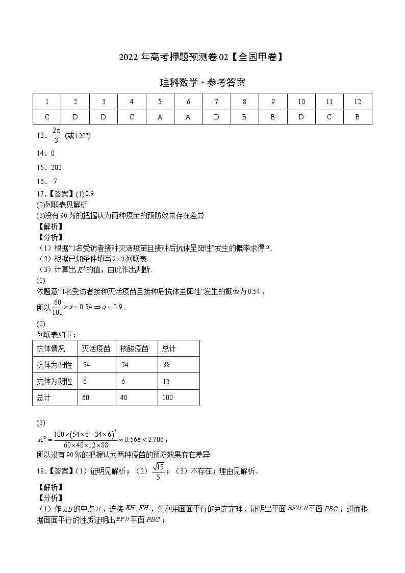 2022年高考理科数学押题预测卷+答案解析02（全国甲卷）01