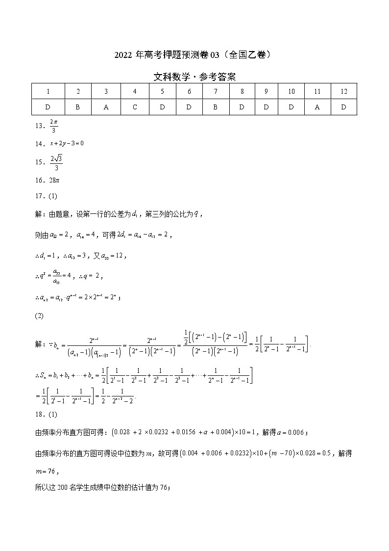 文科数学-2022年高考押题预测卷03（全国乙卷）（参考答案）第1页