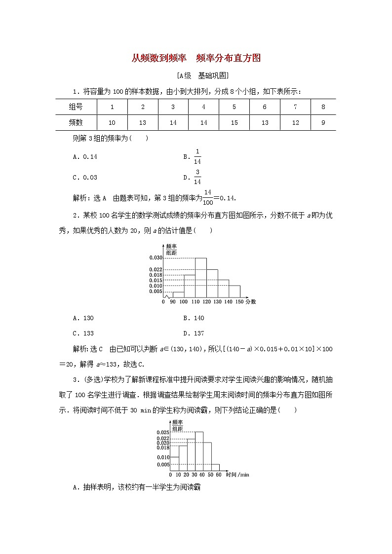 北师大版高中数学必修第一册课时检测40从频数到频率频率分布直方图含解析01