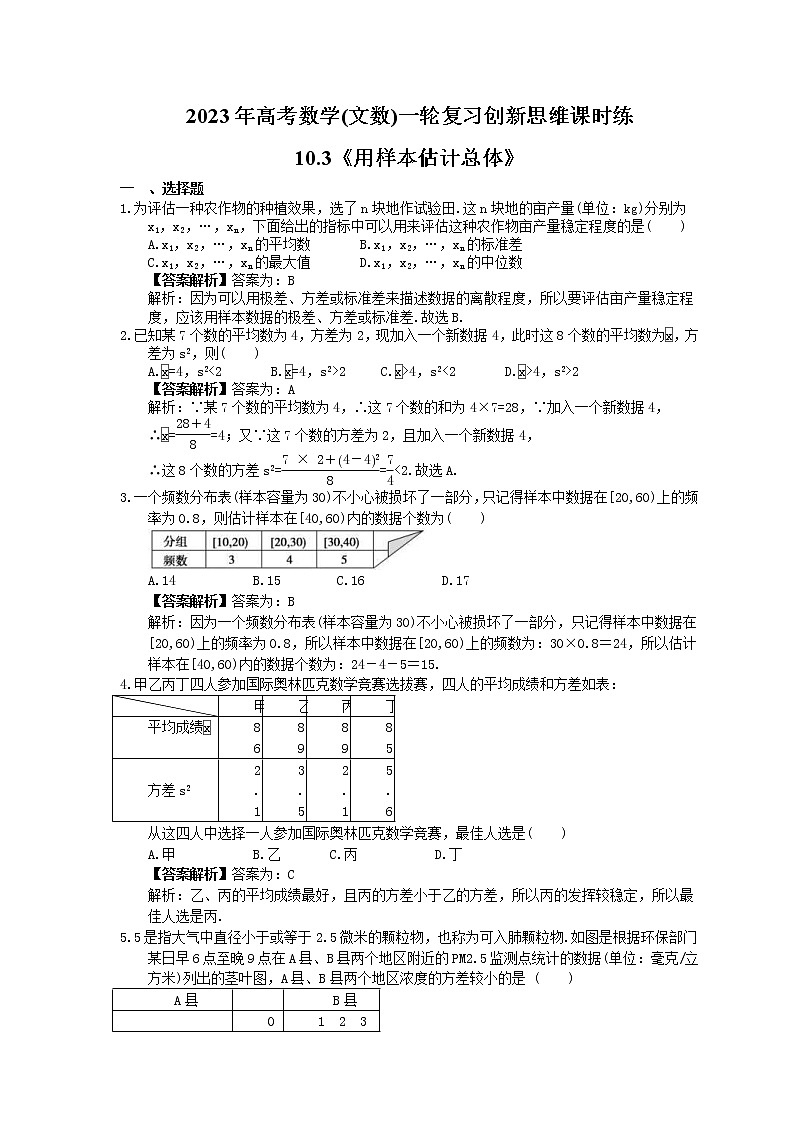 2023年高考数学(文数)一轮复习创新思维课时练10.3《用样本估计总体》(教师版) 第1页