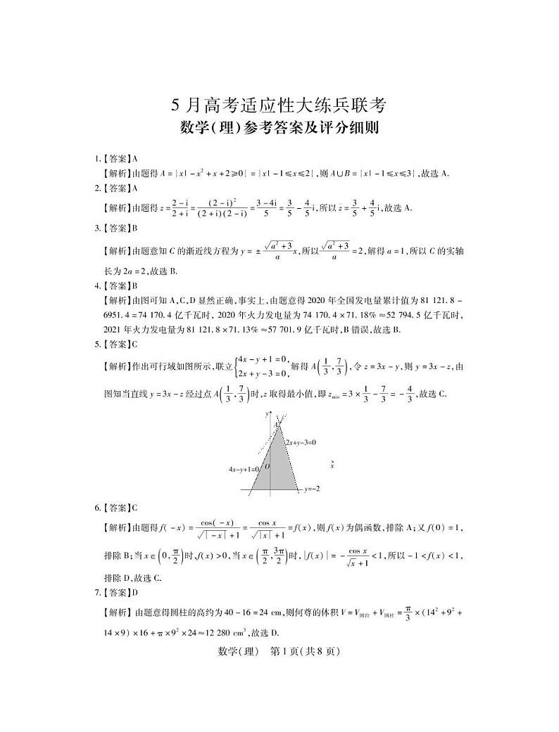 2022届江西高三5月联考·数学答案（理）第1页