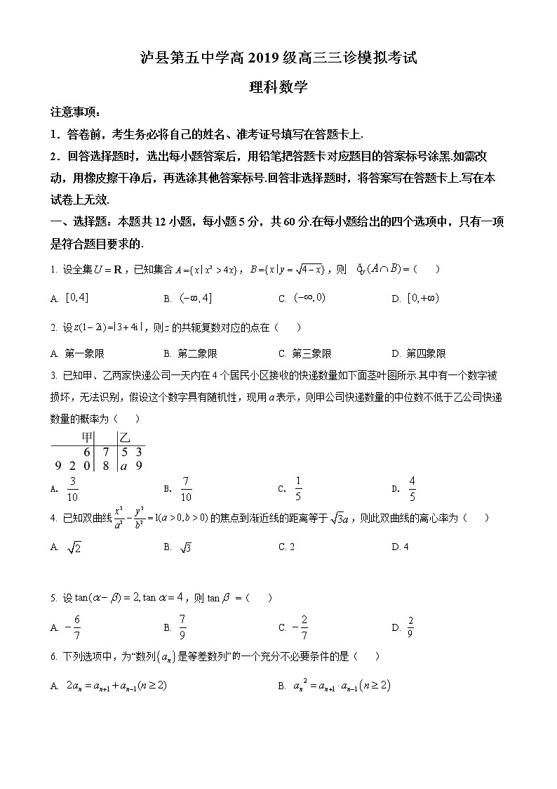 精品解析：四川省泸州市泸县第五中学2022届高三三诊模拟考试理科数学试题（原卷版）第1页
