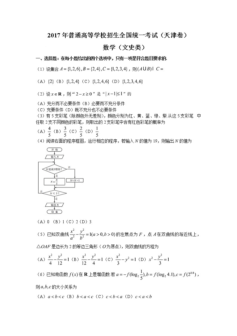 【精校版】2017年高考天津卷文数试题（word版含答案） 试卷01
