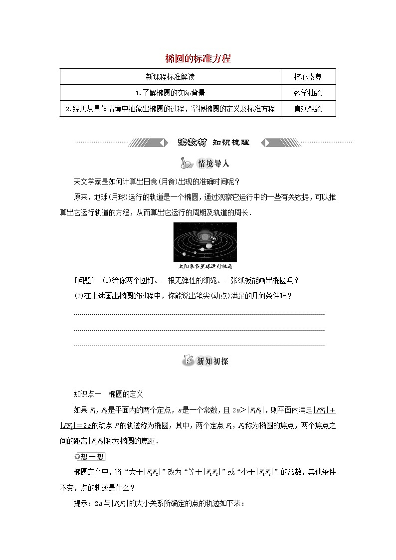 新人教B版高中数学选择性必修第一册第二章平面解析几何5.1椭圆的标准方程学案第1页