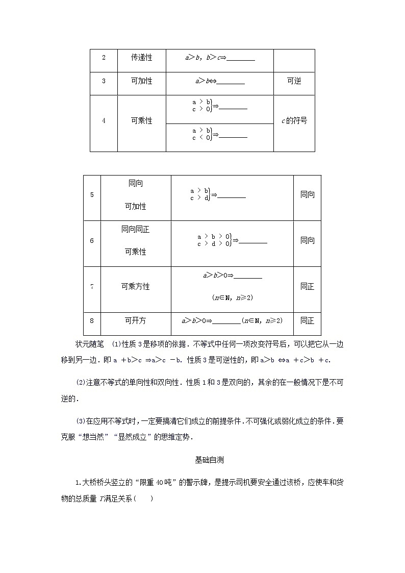新人教B版高中数学必修第一册第二章等式与不等式2.1不等式及其性质学案第2页