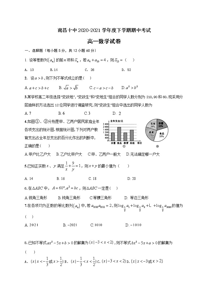 2021南昌十中高一下学期第二次月考数学试题含答案01