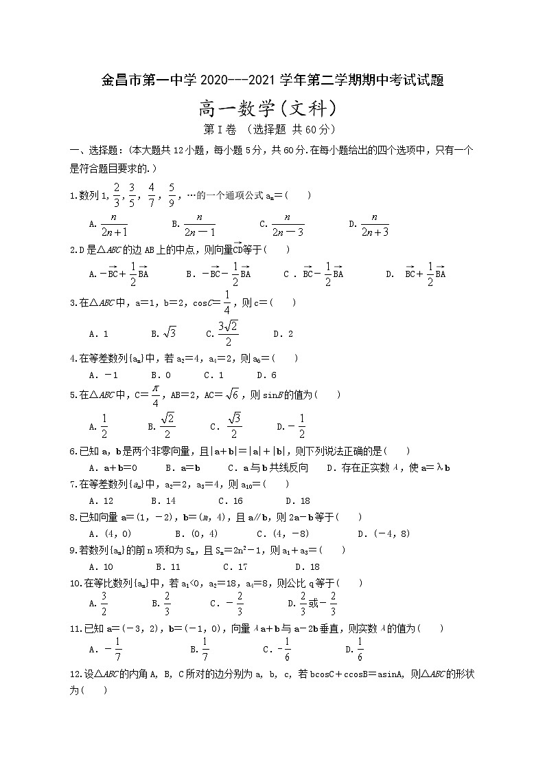 2021金昌一中高一下学期期中考试数学（文）试题含答案01