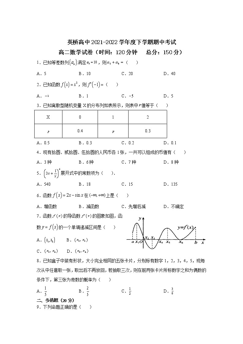 黑龙江省鸡西市英桥高级中学2021-2022学年高二下学期期中考试数学试卷（含答案）01