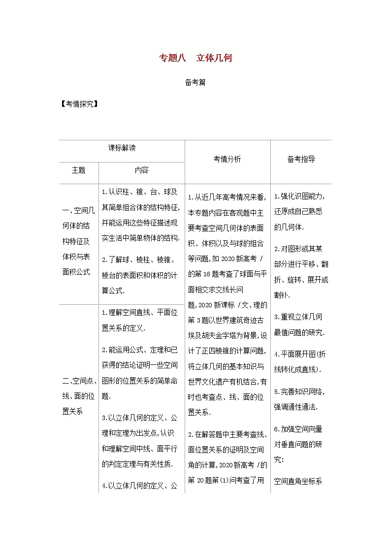 新人教A版高考数学二轮复习专题八立体几何1空间几何体的结构特征表面积与体积综合集训含解析第1页