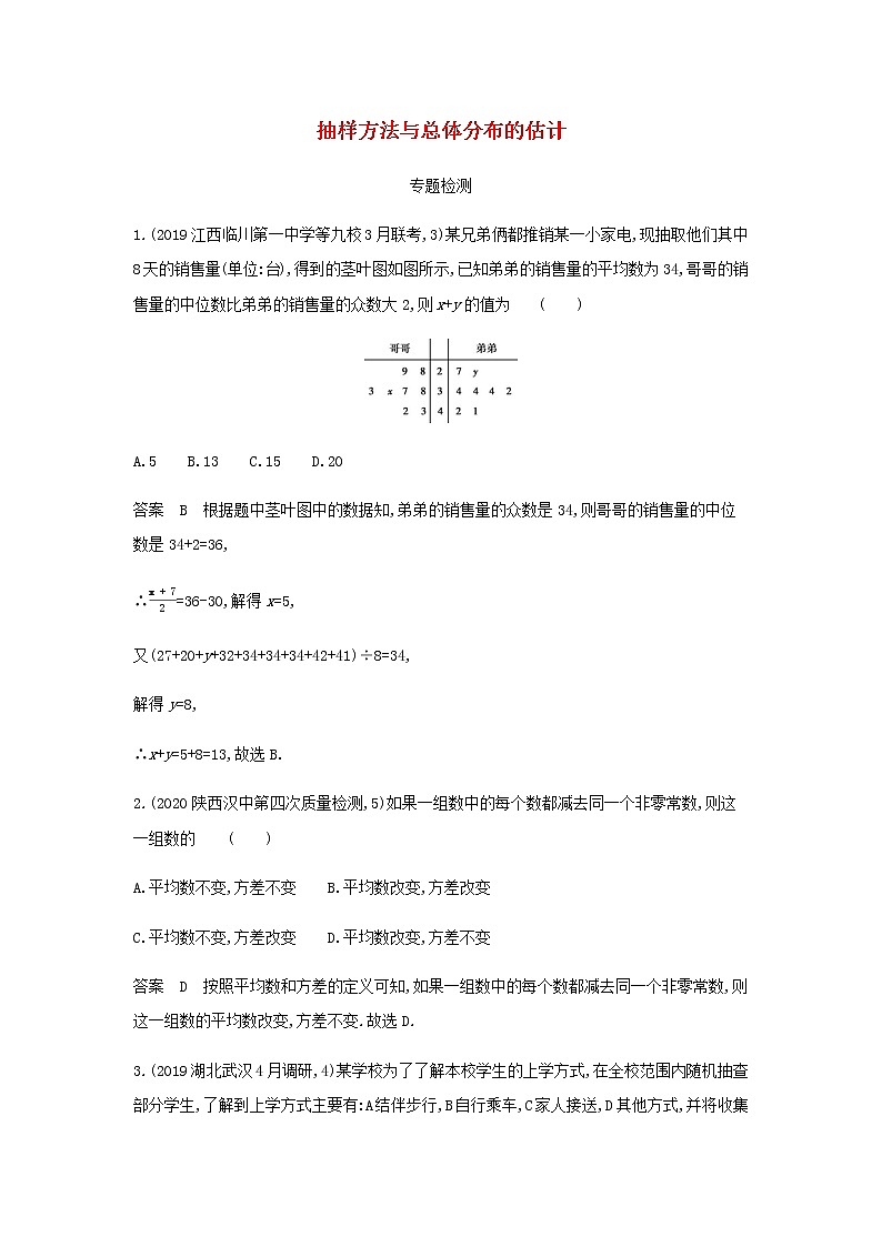 新人教A版高考数学二轮复习专题十一概率与统计4抽样方法与总体分布的估计专题检测含解析第1页