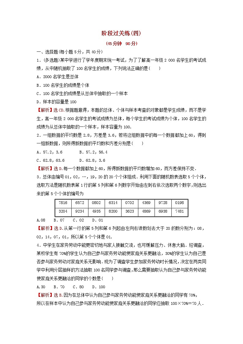 新人教A版高中数学必修第二册第九章统计阶段过关练含解析第1页