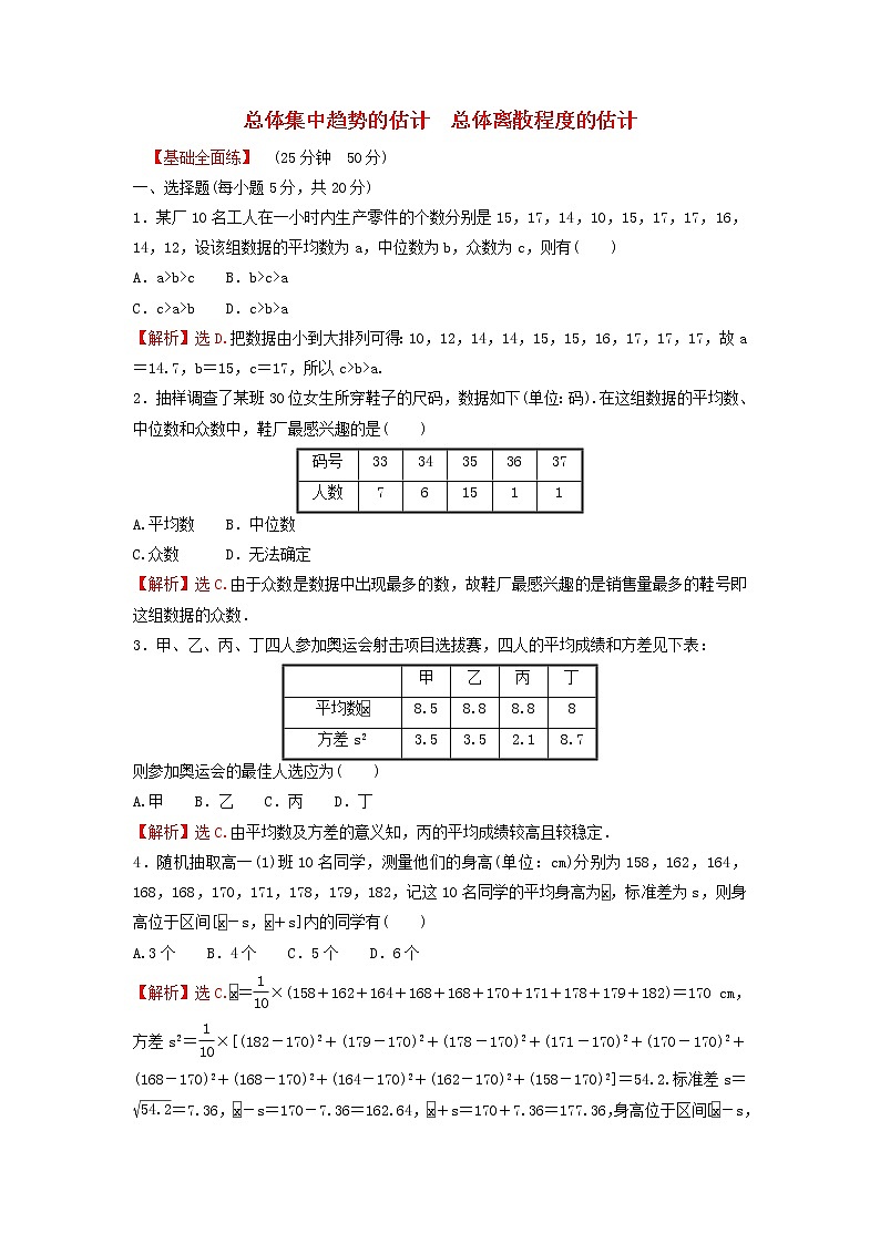 新人教A版高中数学必修第二册第九章统计2.3总体集中趋势的估计2.4总体离散程度的估计练习含解析第1页