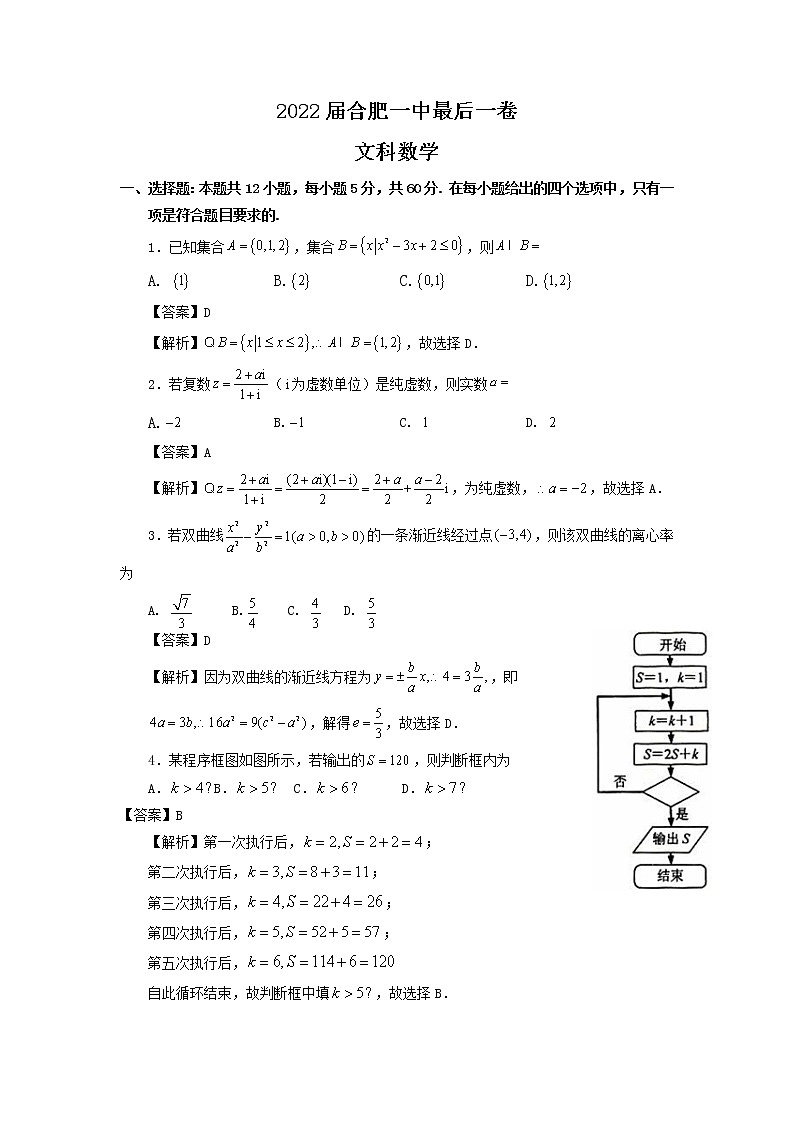 安徽省合肥一中2022届高三最后一卷文科数学答案第1页