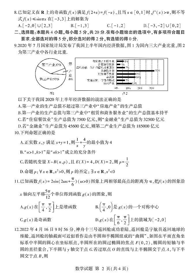 ２０２２ 年普通高等学校招生全国统一考试数学模拟试卷及参考答案第2页