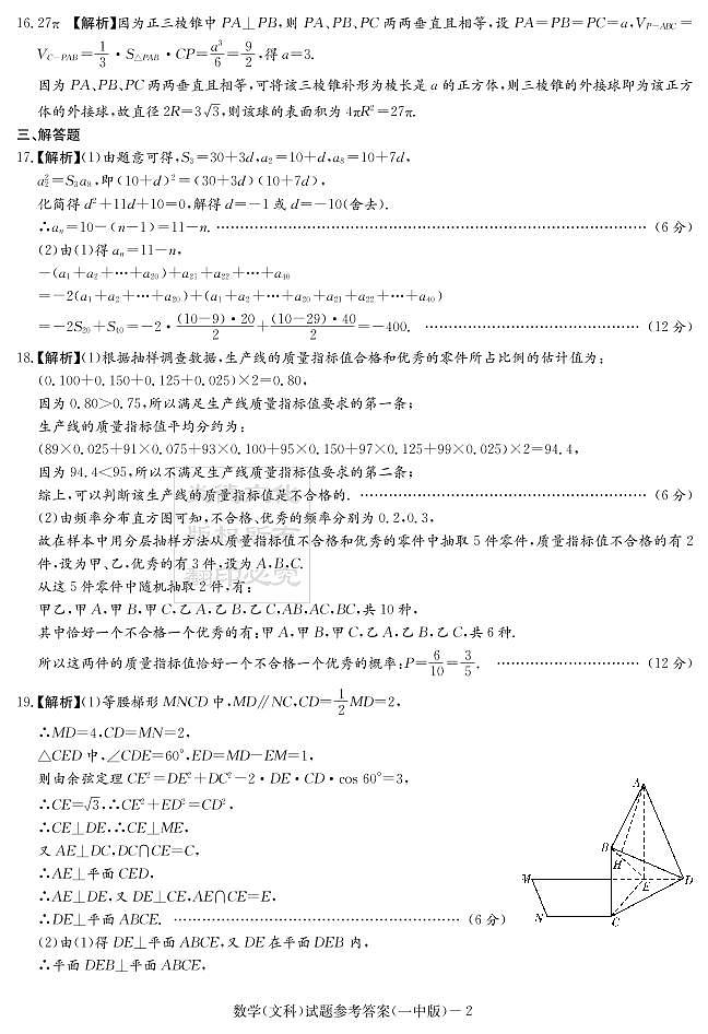2020届长沙市一中高三第1次月考试卷-文数答案第2页