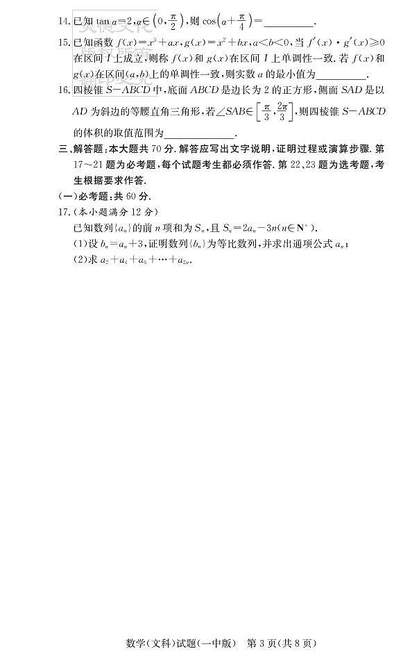 2020届长沙市一中高三第6次月考试卷-文数试卷第3页