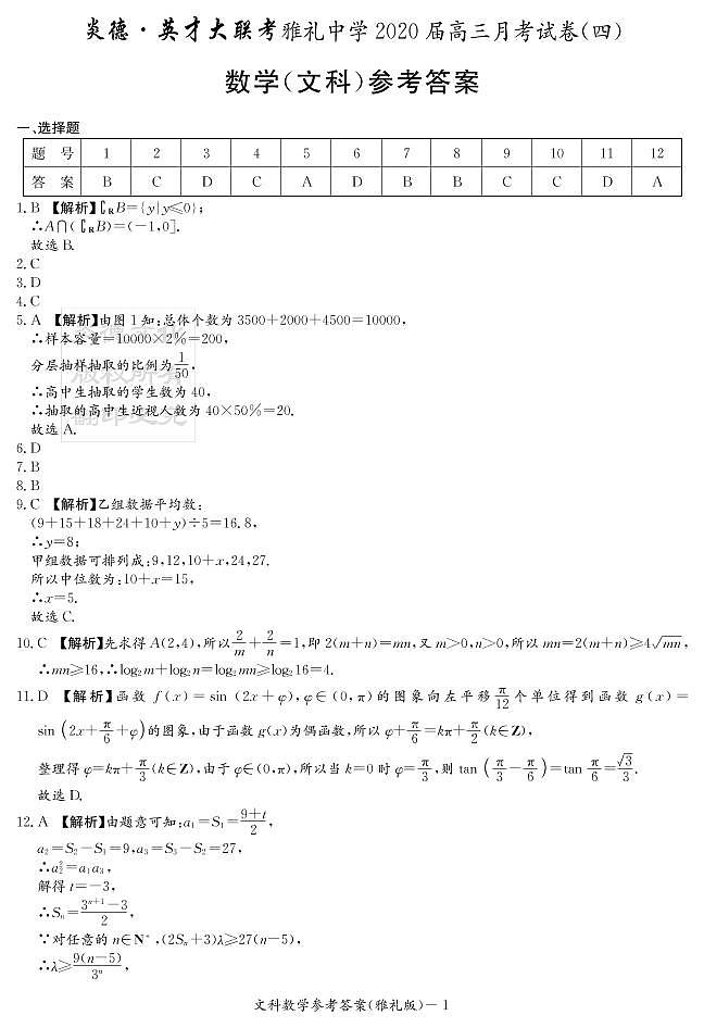 2020届雅礼中学高三第4次月考试卷-答案文数第1页