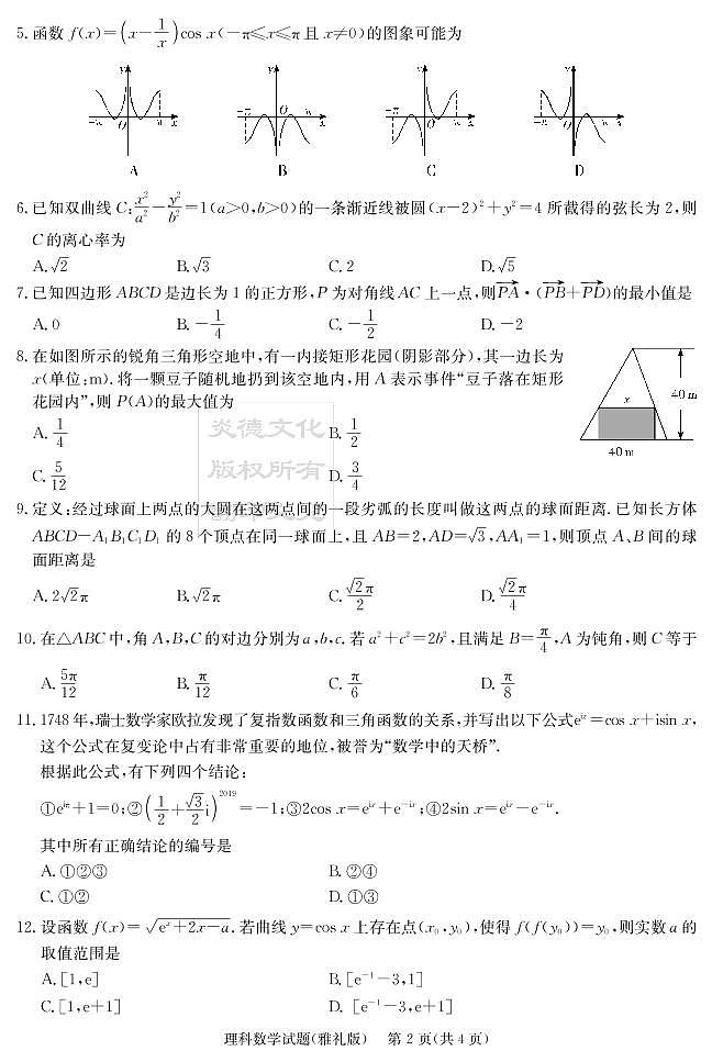 2020届雅礼中学高三第10次月考试卷（理科数学）第2页