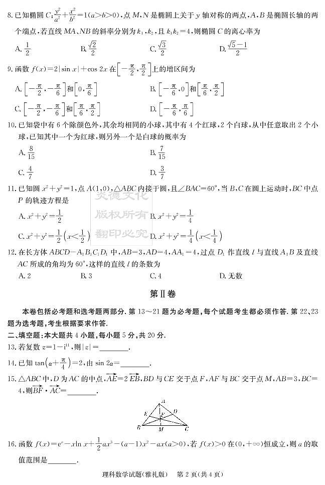 2020届雅礼中学高三第9次月考试卷（理科数学）第2页