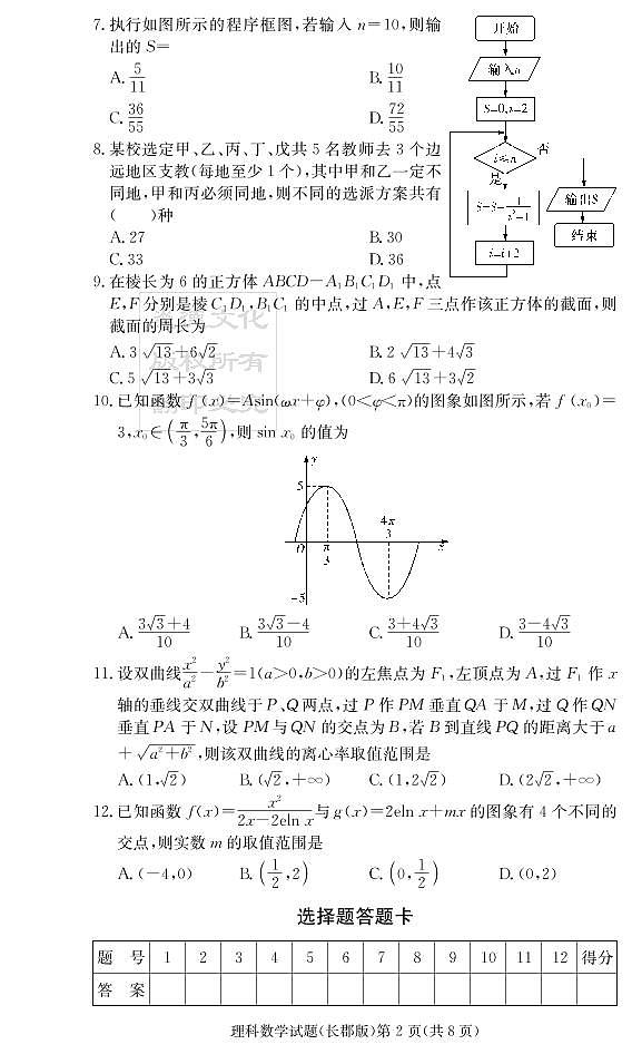 2020届长郡中学高三第一到十次月考试卷及参考答案-理数02