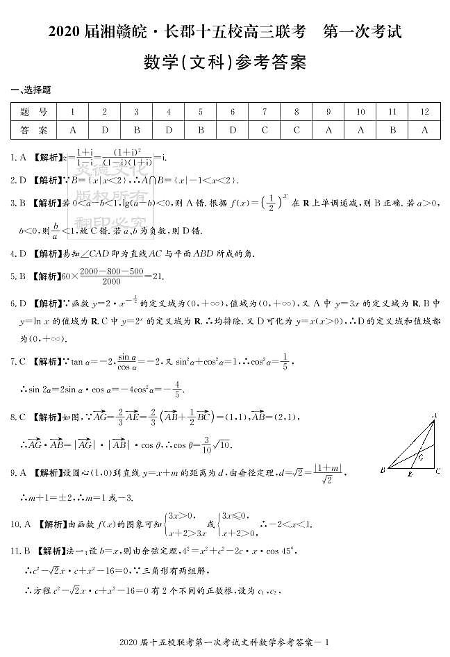 2020届长郡中学高三第7次月考试卷-文数答案第1页