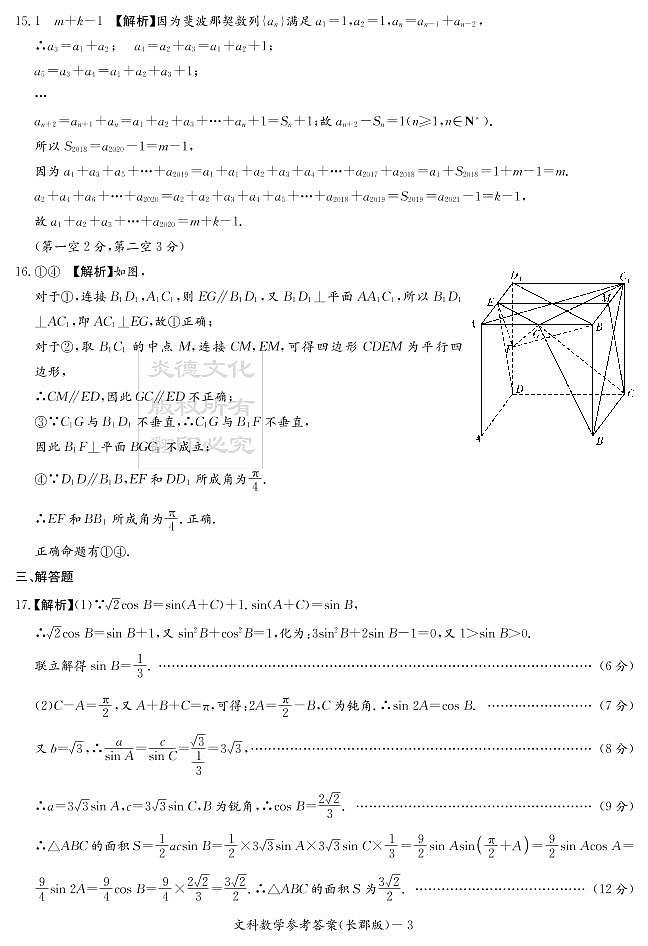 2020届长郡中学高三第10次月考试卷-文数答案第3页