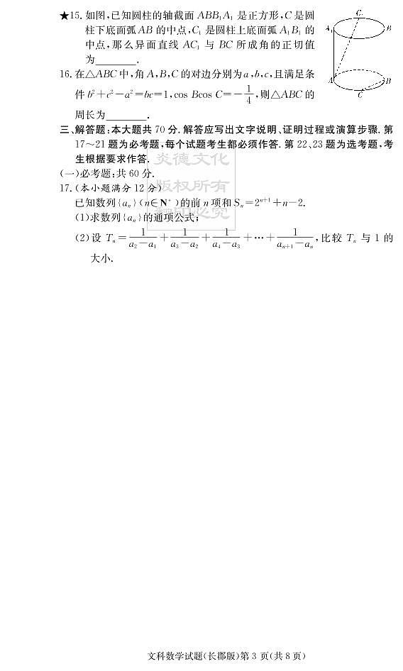 2020届长郡中学高三第3次月考试卷-文数试卷第3页