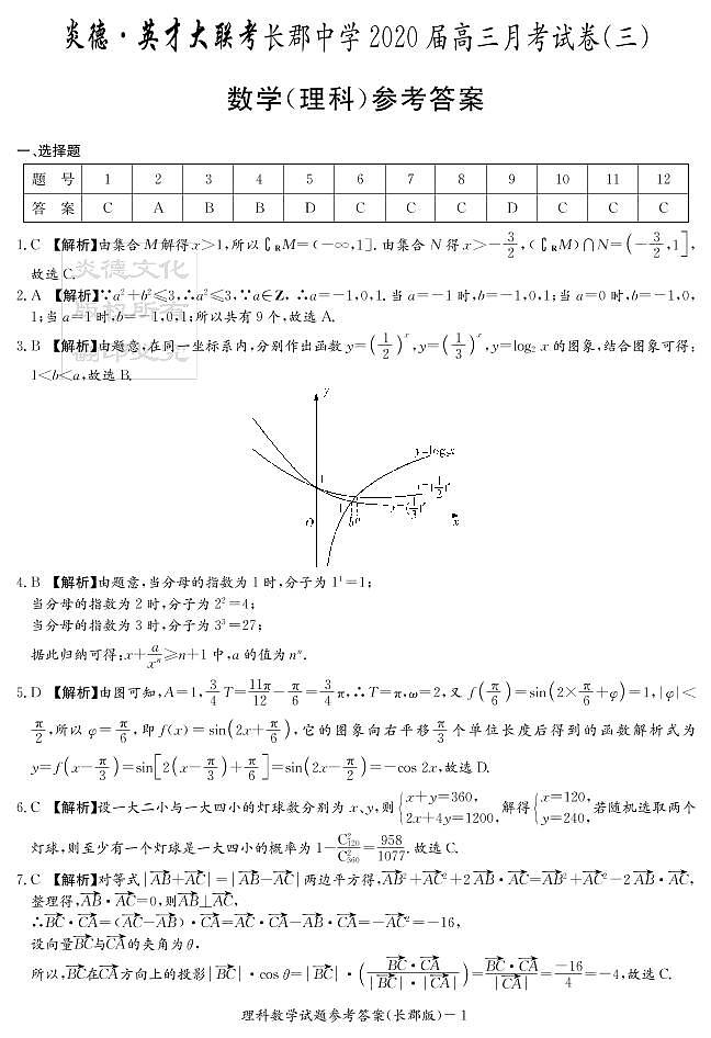 2020届长郡中学高三第3次月考试卷-理数答案第1页