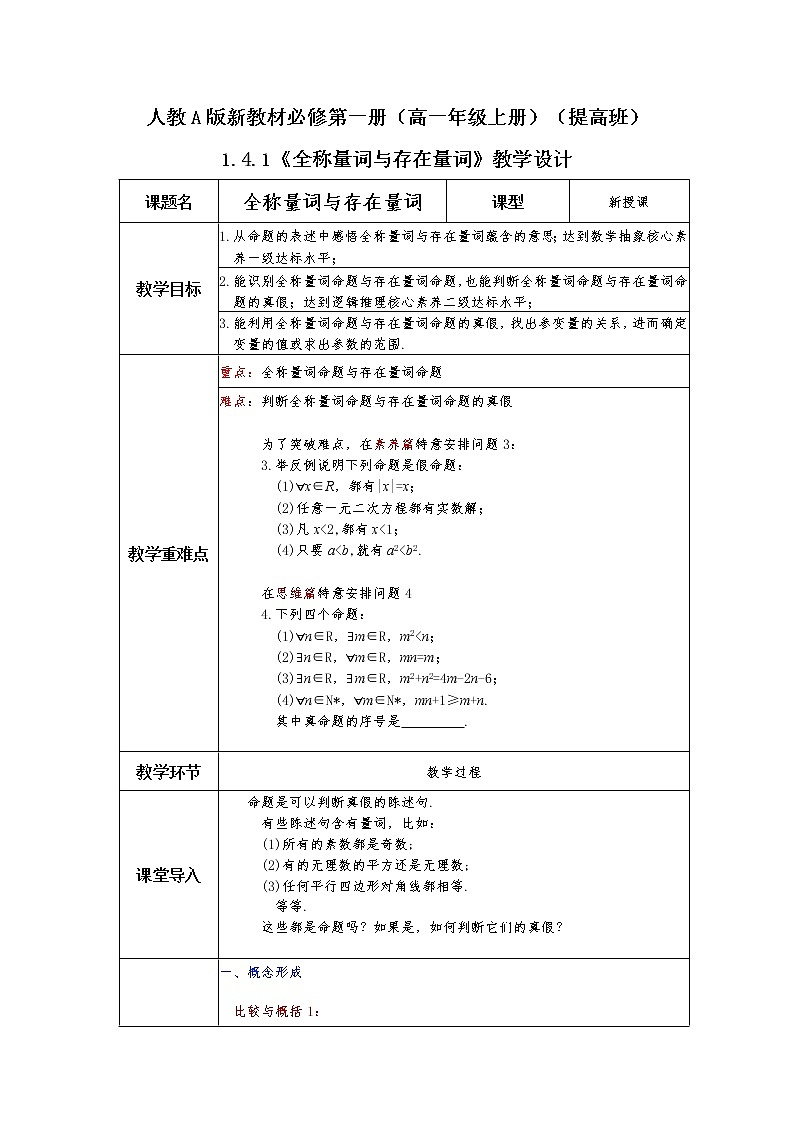 第1章+1.5全称量词与存在量词第一课时提高班课件+教案01