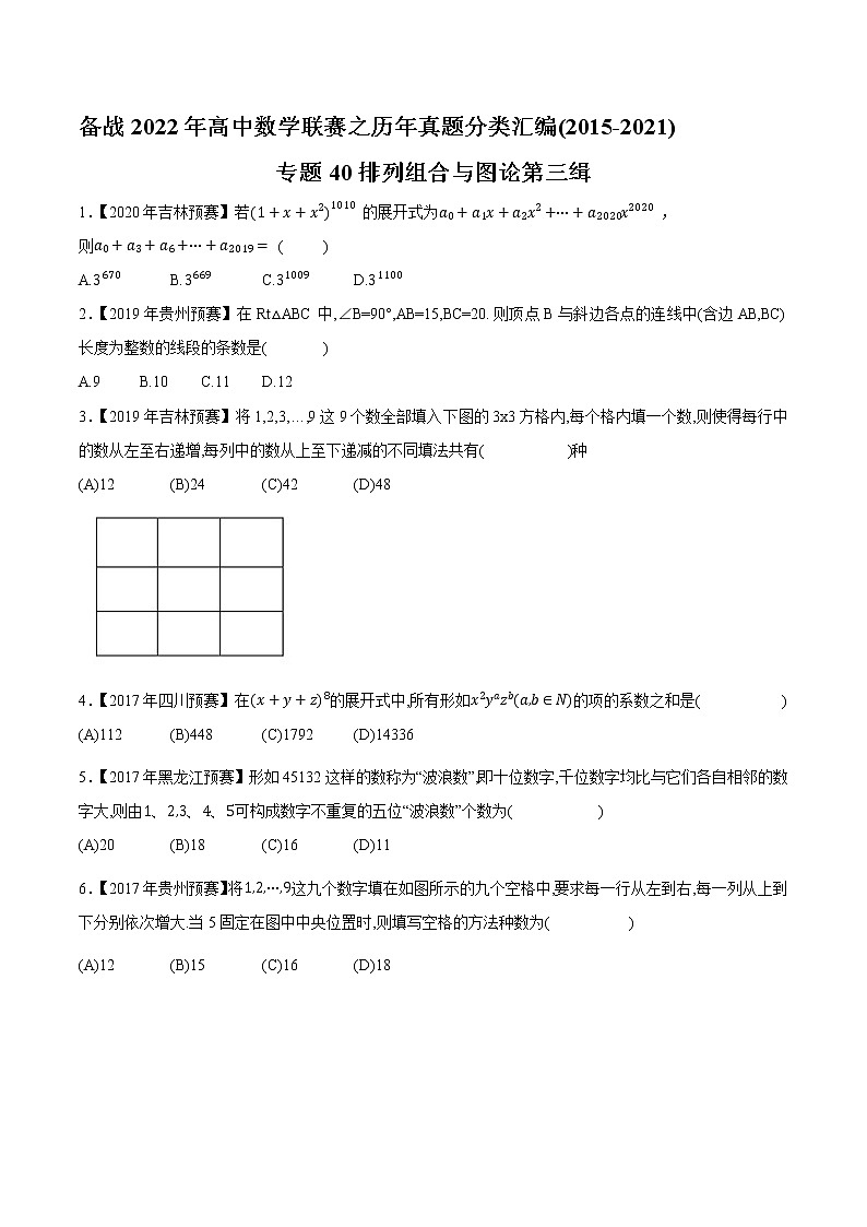 专题40排列组合与图论第三缉（原卷版）-备战2022年高中数学联赛之历年真题分类汇编(2015-2021)第1页