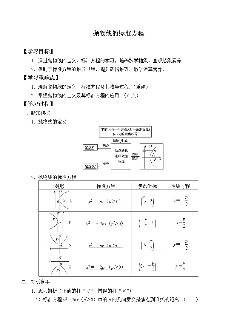 人教版（B版2019课标）高中数学选择性必修一2.7.1抛物线的标准方程  学案01