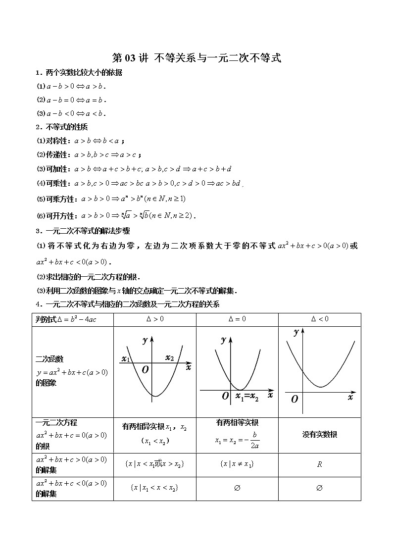 第03讲 不等关系与一元二次不等式-【高考艺术生专用】2022年高考数学一轮复习讲义（解析版）（基础版，全国通用版）第1页