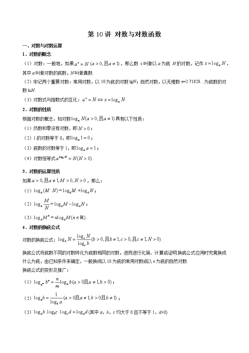 第10讲 对数与对数函数-【高考艺术生专用】2022年高考数学一轮复习讲义（原卷版）（基础版，全国通用版） 第1页