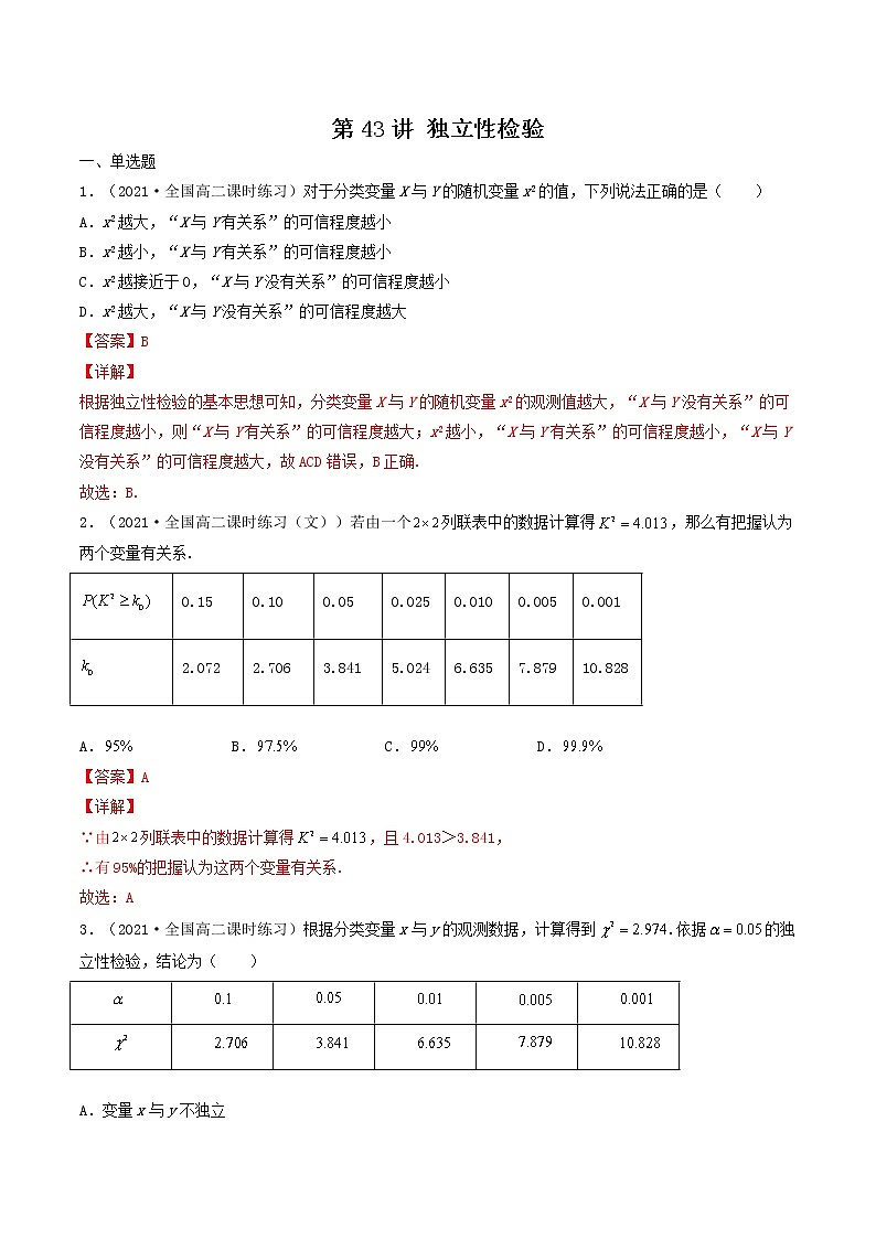 第41-43讲 统计案例-【高考艺术生专用】2022年高考数学一轮复习特训特练（基础版，全国通用版）01