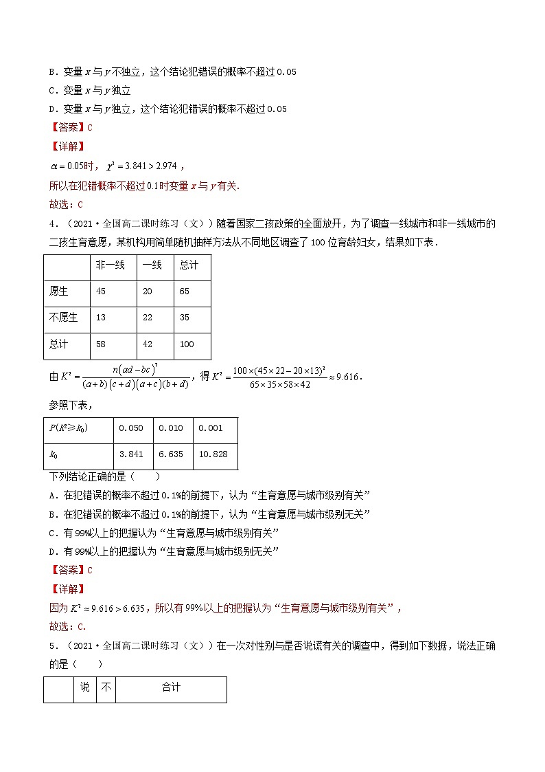 第41-43讲 统计案例-【高考艺术生专用】2022年高考数学一轮复习特训特练（基础版，全国通用版）02