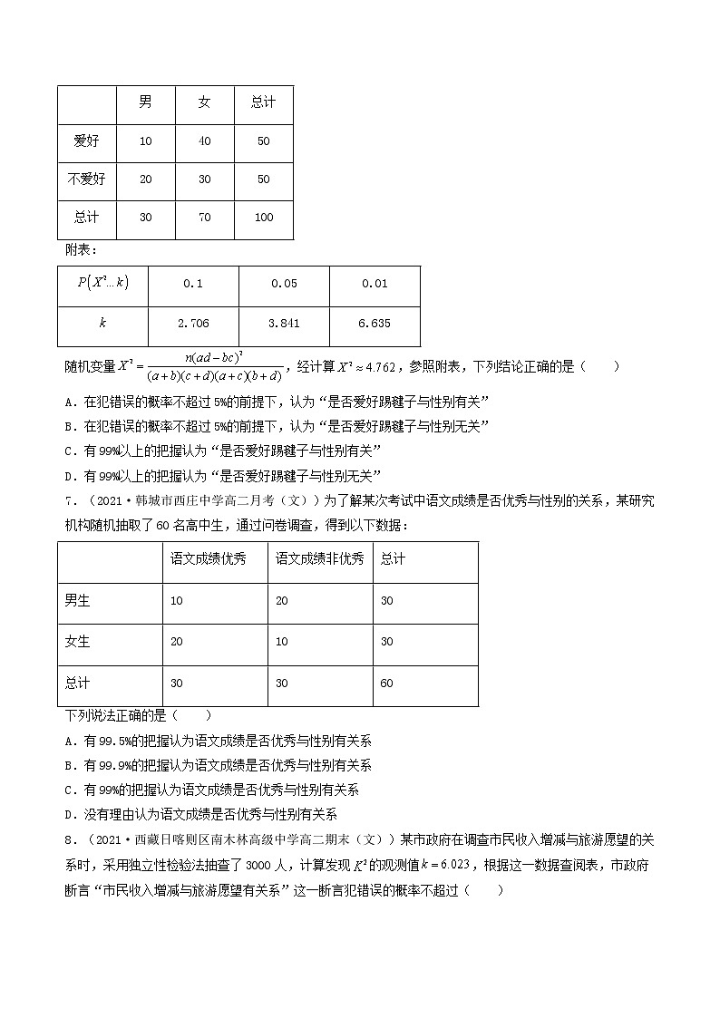 第41-43讲 统计案例-【高考艺术生专用】2022年高考数学一轮复习特训特练（基础版，全国通用版）03
