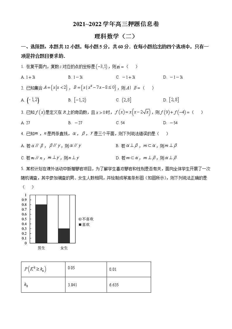 河南省平顶山市、许昌市、汝州市九校联盟2022届高三下学期押题信息卷（二）理科数学试题（原卷版）第1页