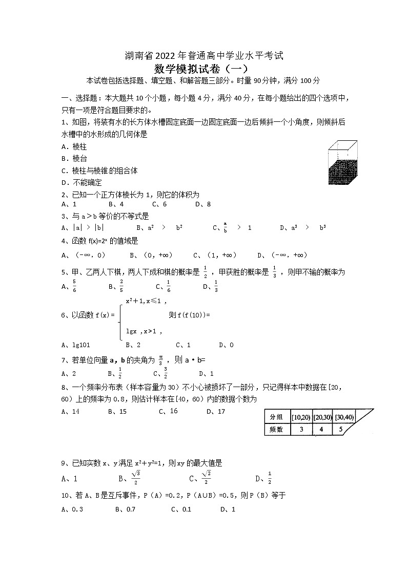 湖南省2022年普通高中学业水平考试数学模拟试卷（一）第1页