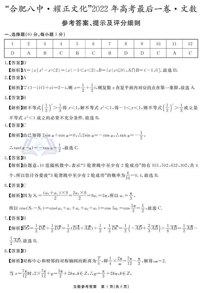 2022届合肥八中最后一卷文数试卷及参考答案01