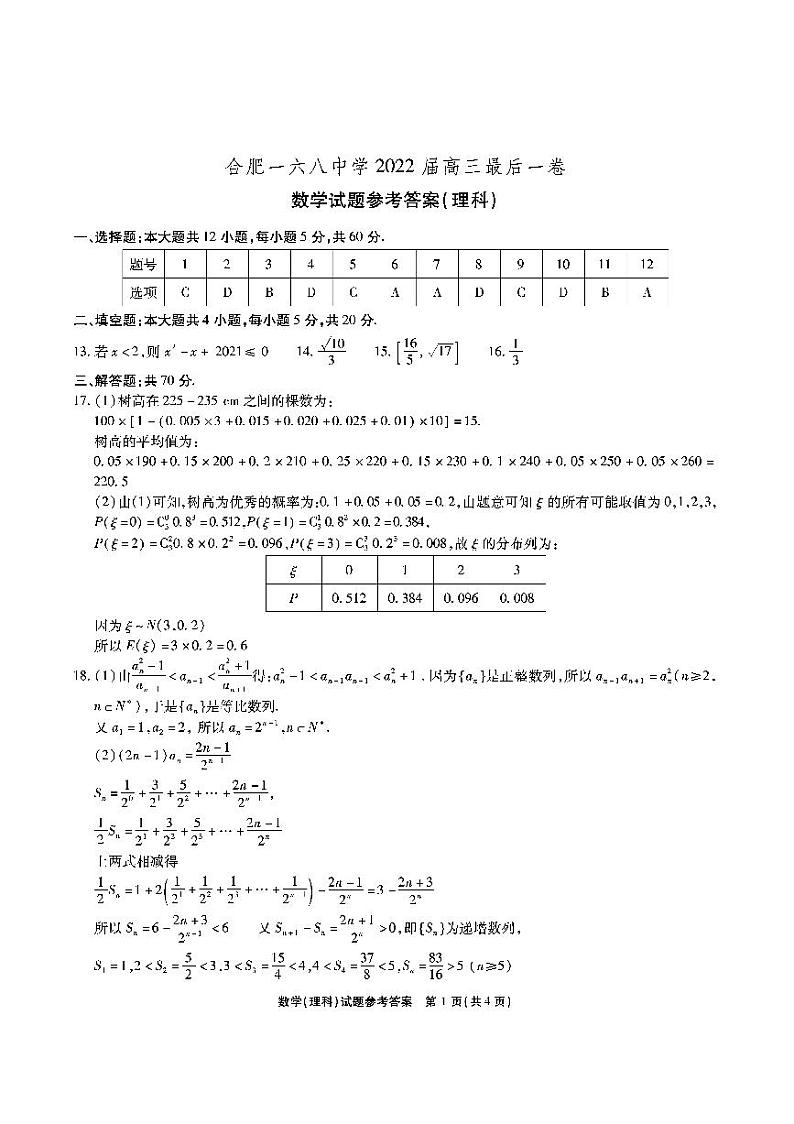 2022合肥168中学最后一卷理数试卷，参考答案及答题卡01
