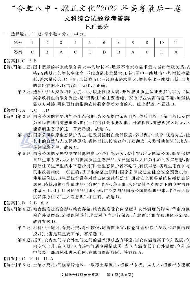 文综 最后一卷 参考答案第1页