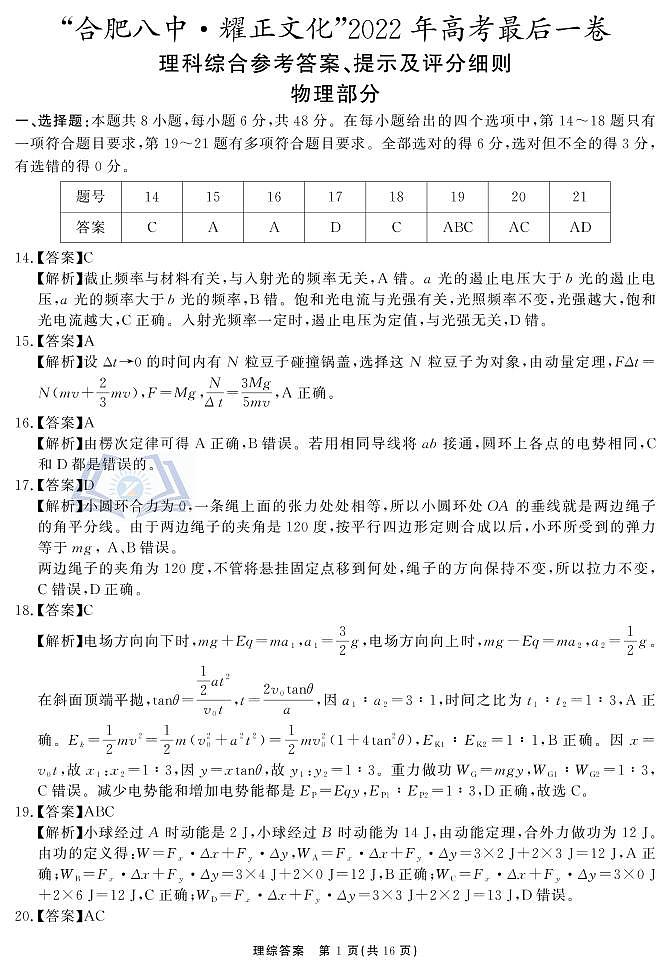 理综 最后一卷 参考答案第1页