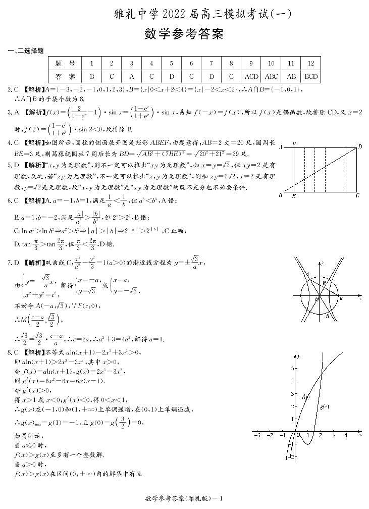 湖南省长沙市雅礼中学2021-2022学年高三下学期第九次月考（一模）数学试题01