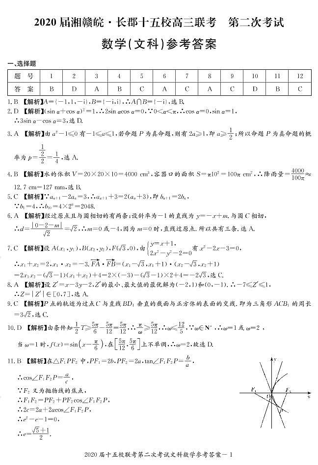 2020届湘赣皖长郡十五校高三联考第二次考试数学（文理科）试卷及参考答案01