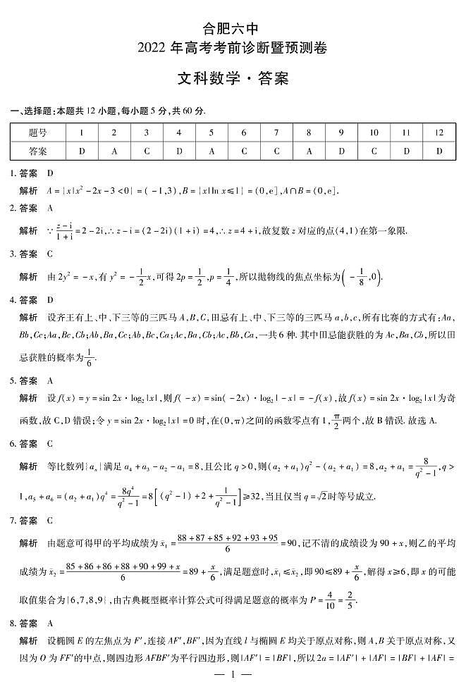 合肥六中2022高考考前诊断暨预测文理科数学试卷及参考答案01