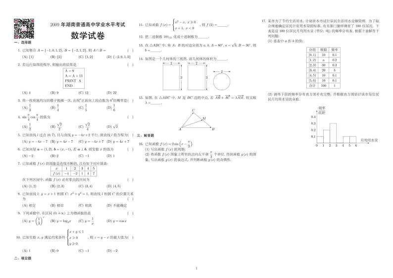 2009-2020年湖南普通高中学业水平考试数学试卷01