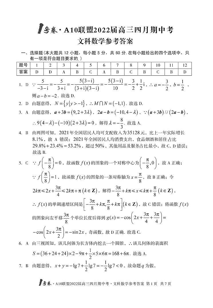 1号卷 A10联盟2022届高三四月期中考数学（文科）答案第1页