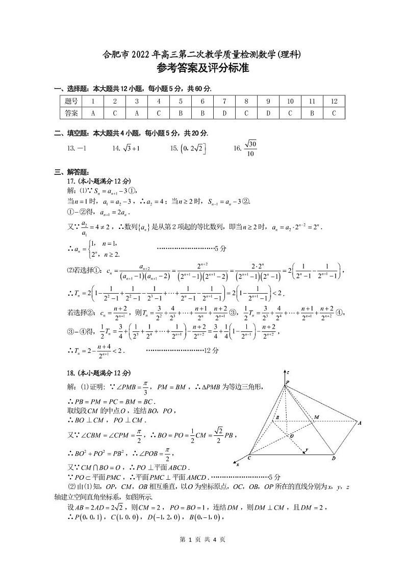 安徽省合肥市2022高三第二次教学质量检测理数试题及参考答案01