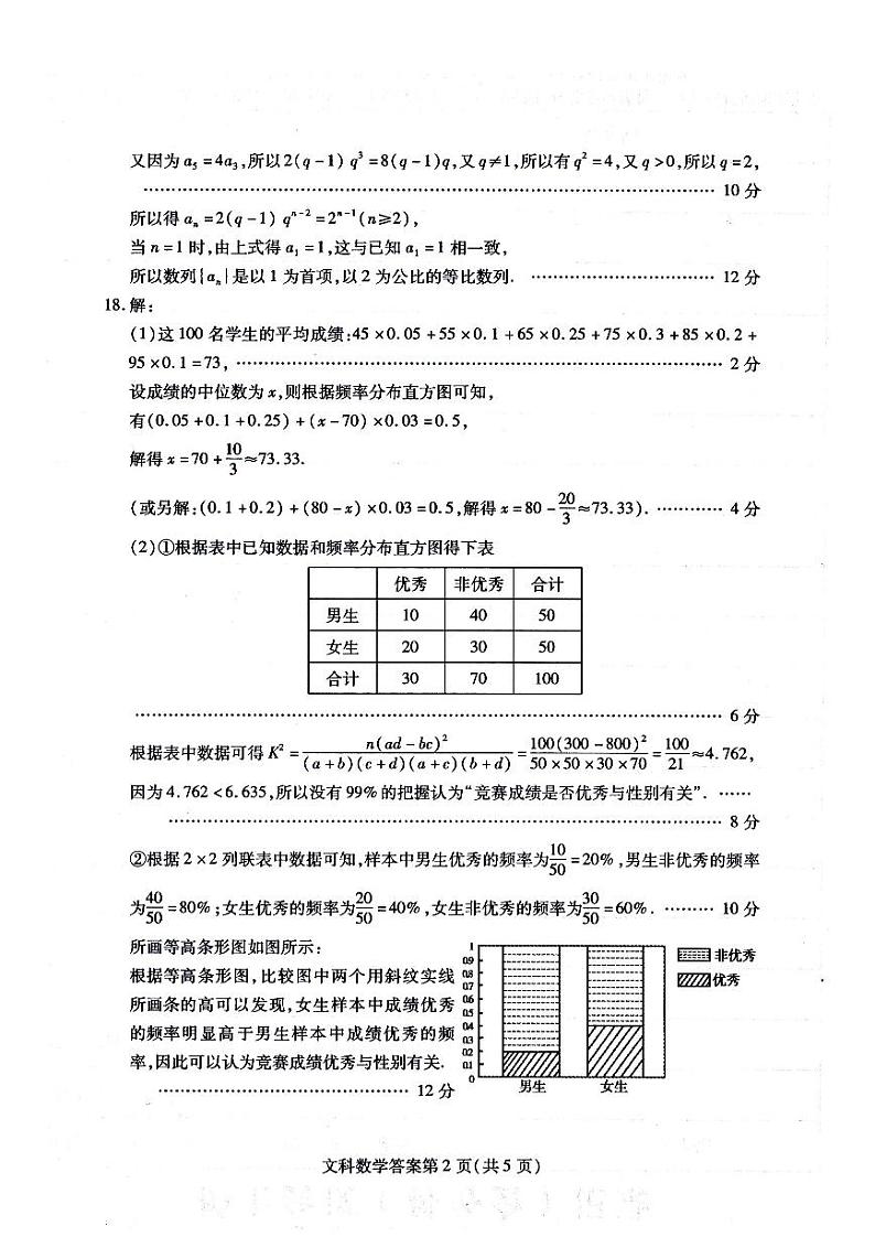 2022届内蒙古包头市高三第二次模拟考试数学（文）答案第2页